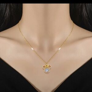New Disney Minnie Mouse Bow Zircon Necklace Elegant Clavicle Chain Synthetic Gem